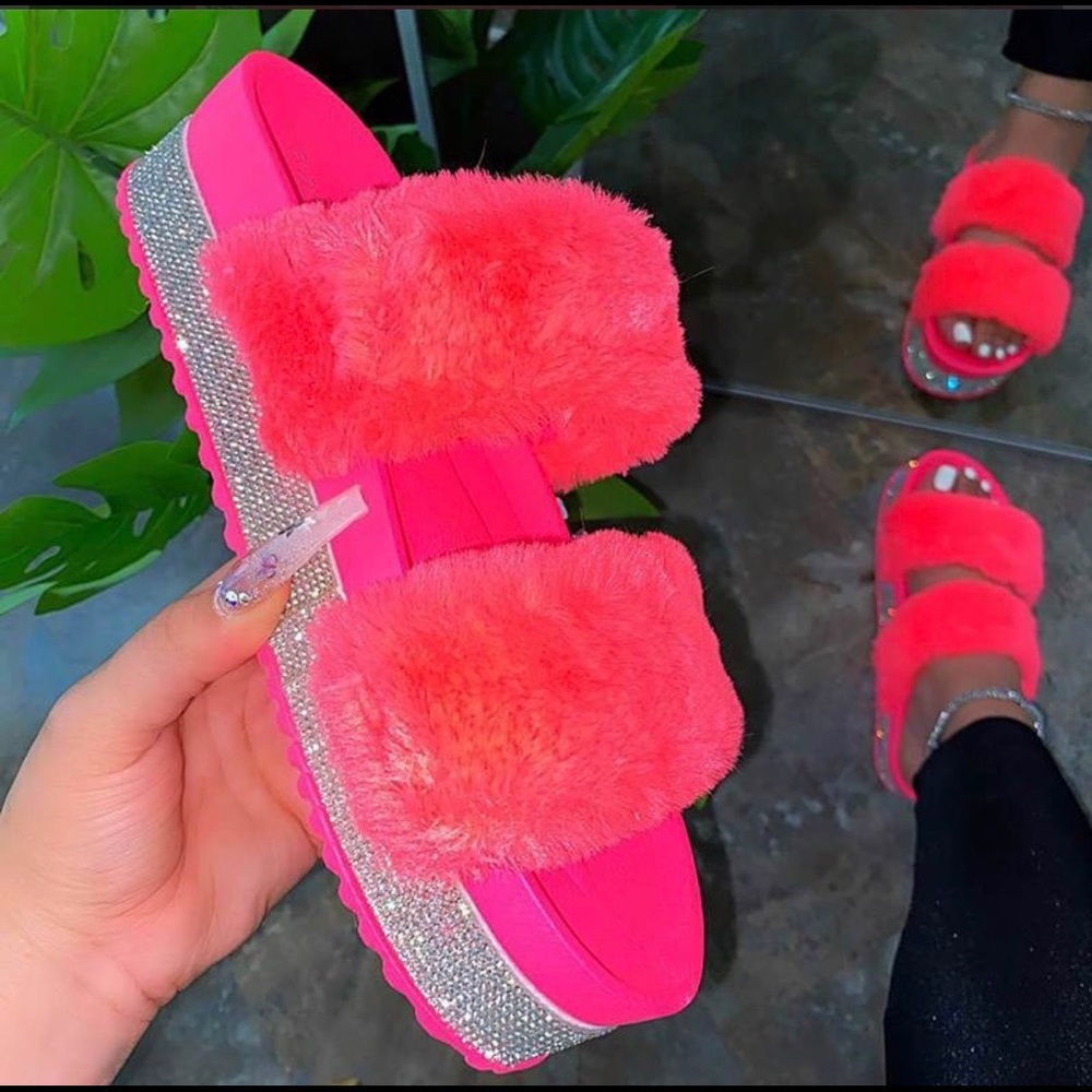 Pink Strappy Fur Slides With Rhinestones